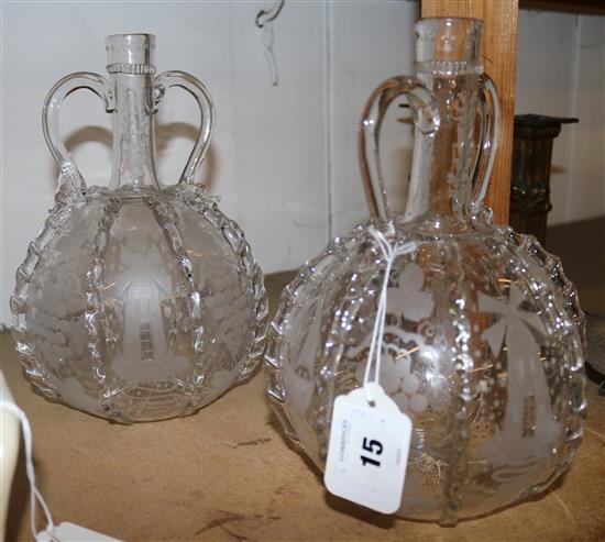 Two 19C Dutch glass flasks with etched and crimped decoration(-)